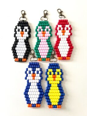Handmade Pony Bead Penguin Keychain | Colorful Beaded Bag Charm